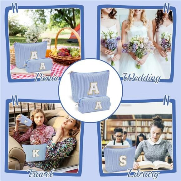 Blue Initial Makeup Bag for Girls Teen Travel Cosmetic Pouch Gift Organizer - Picture 6 of 7